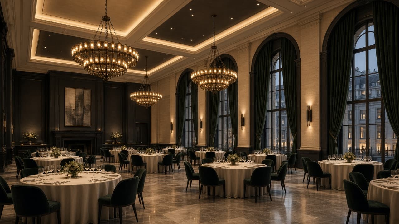 Westmere ballroom with tall windows and bronze lighting