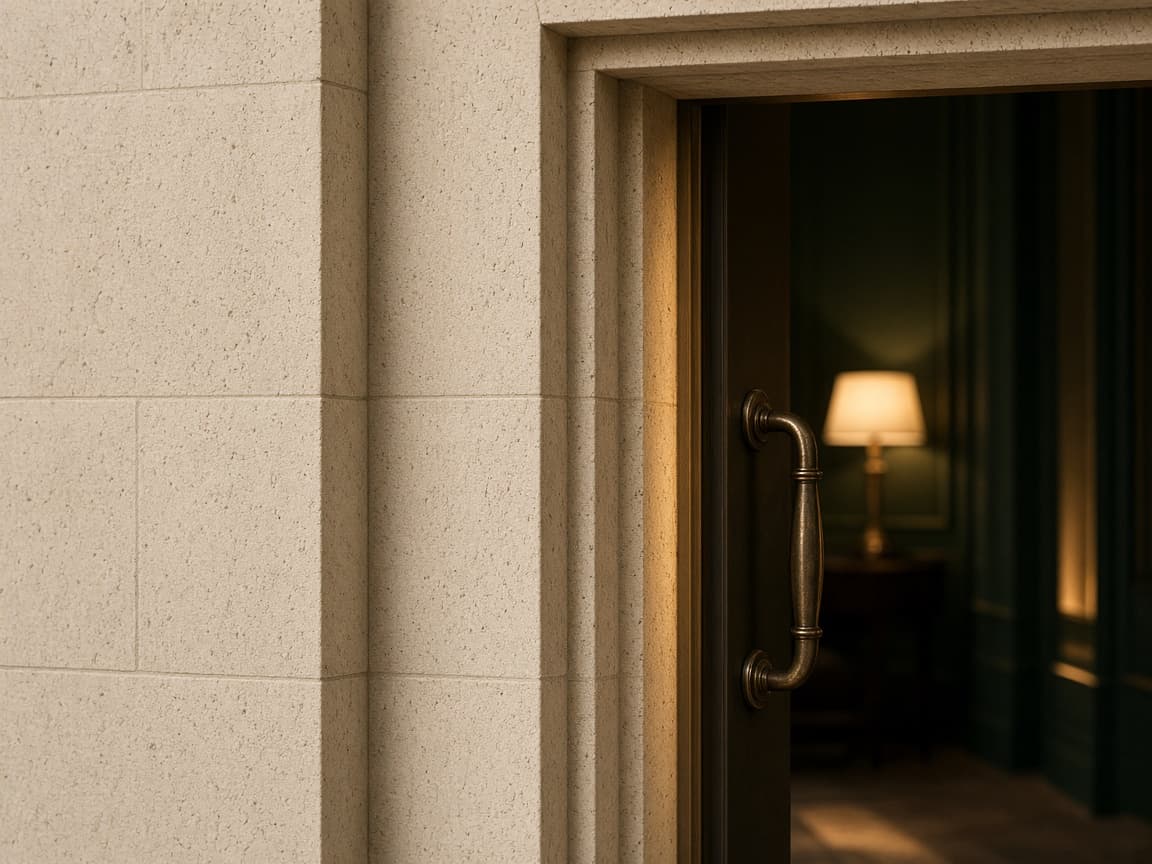 Architectural doorway detail in limestone and bronze