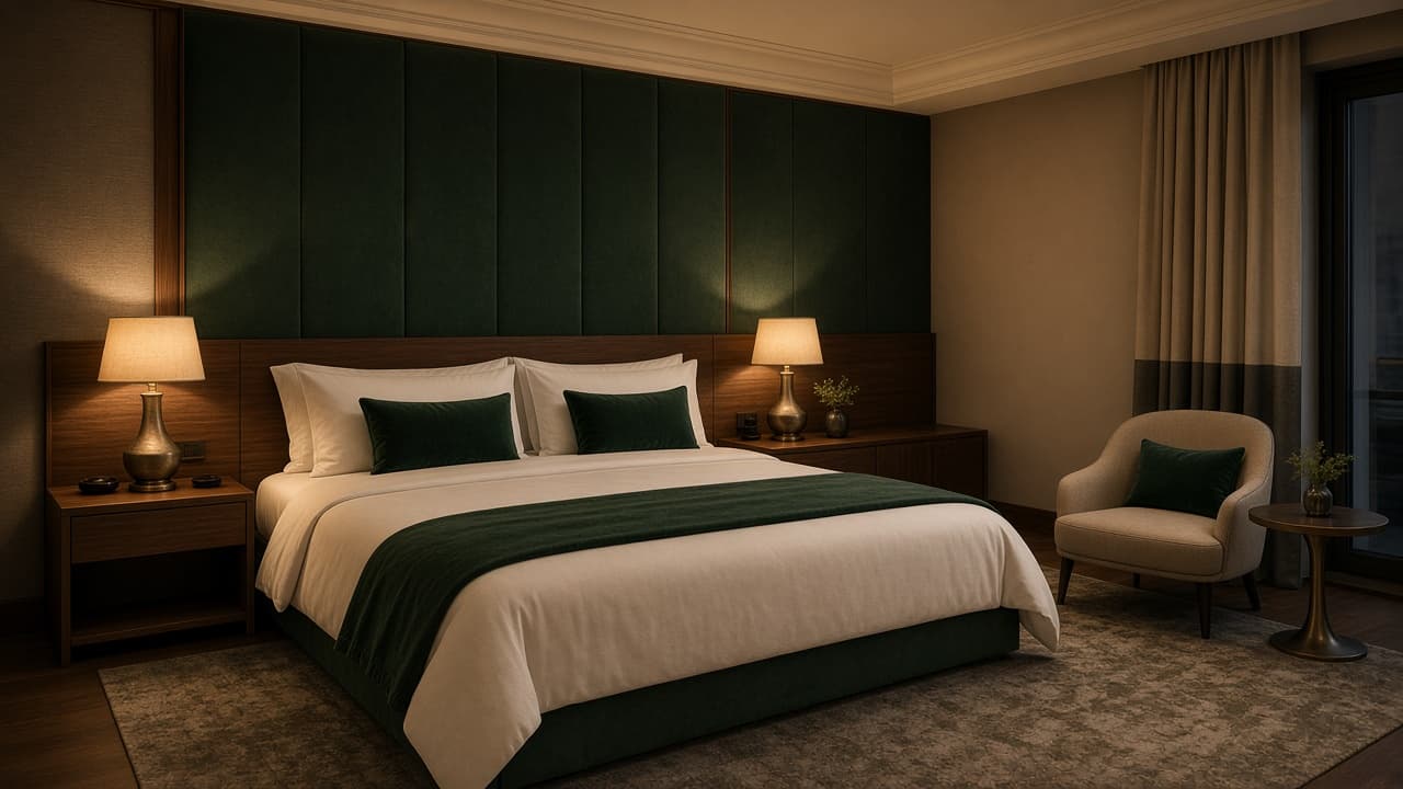Westmere Suite bedroom with forest green headboard and warm tungsten light